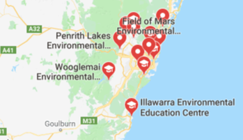 Picture of map of geographic locations of Department of Education Environmental Education Centres in NSW
